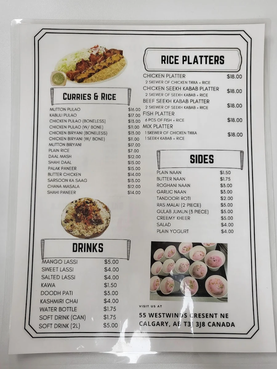 Menu, PESHAWARI KABAB HUT