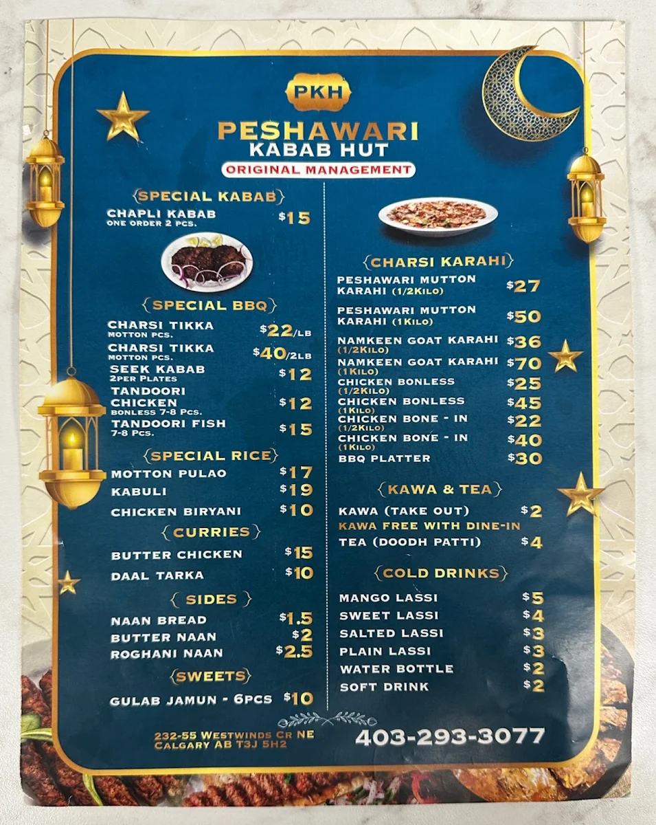 Menu, PESHAWARI KABAB HUT