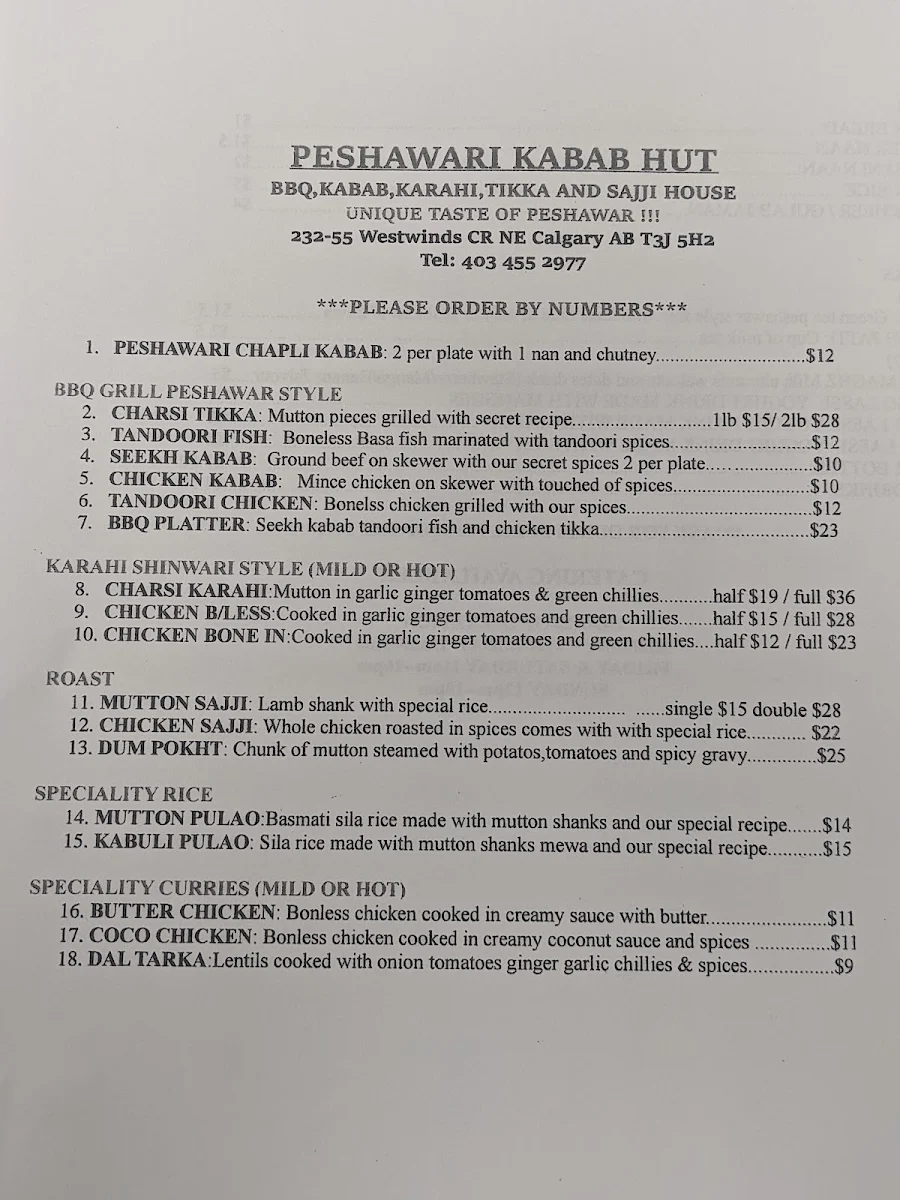 Menu, PESHAWARI KABAB HUT