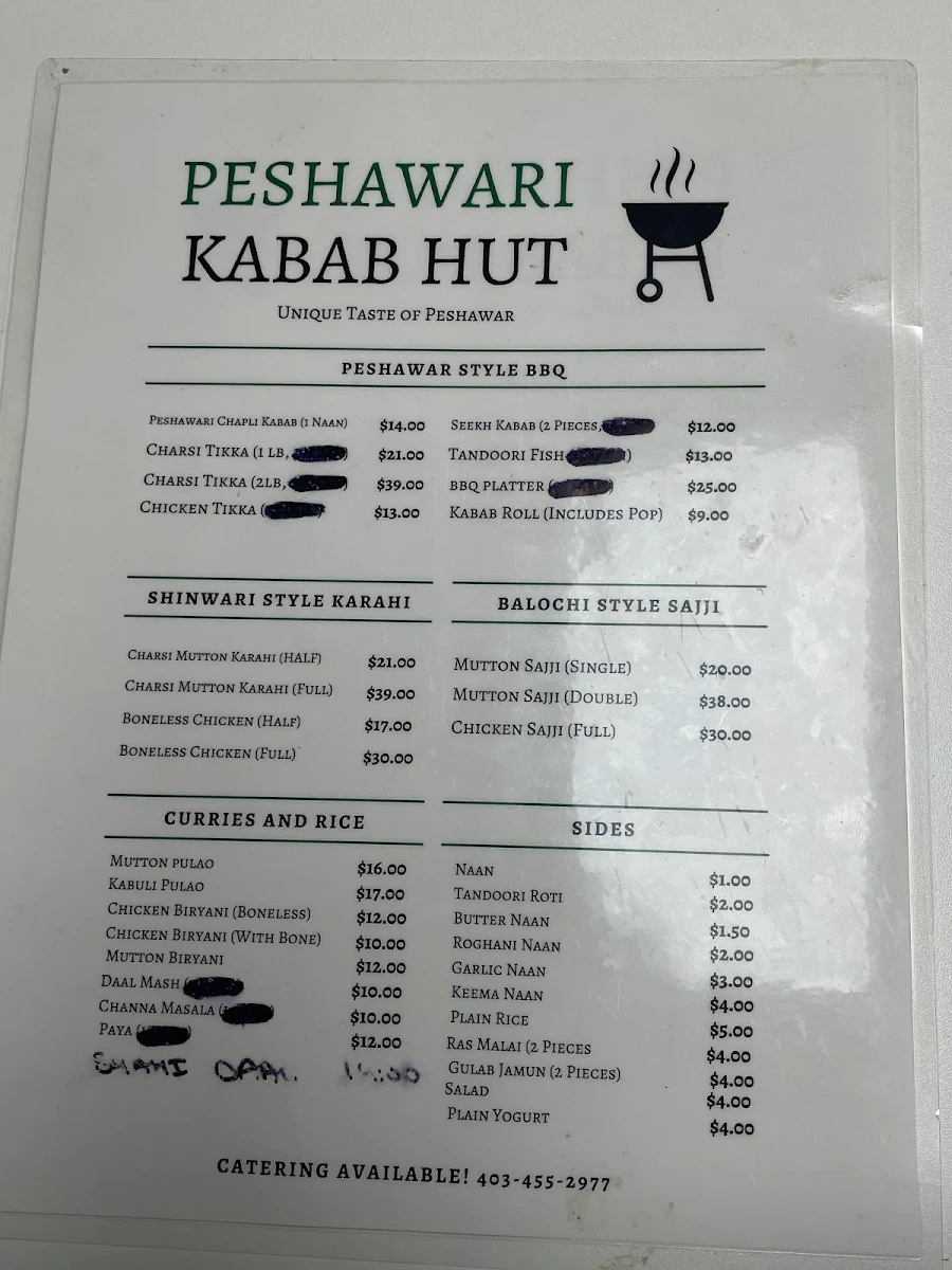 Menu, PESHAWARI KABAB HUT