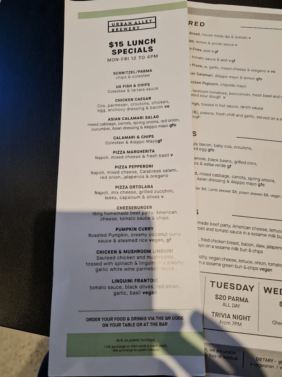 Menu, Urban Alley Brewery Knox