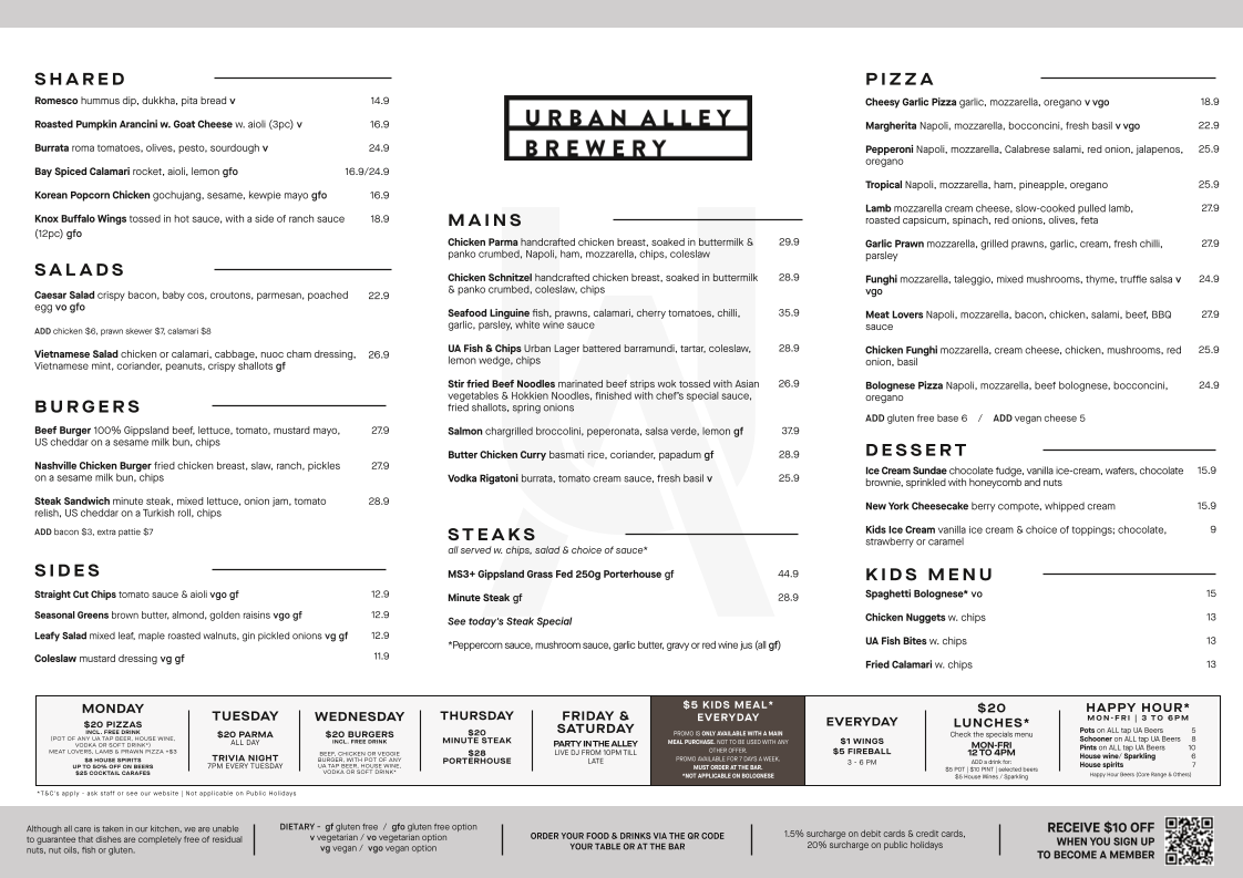 Menu, Urban Alley Brewery Knox