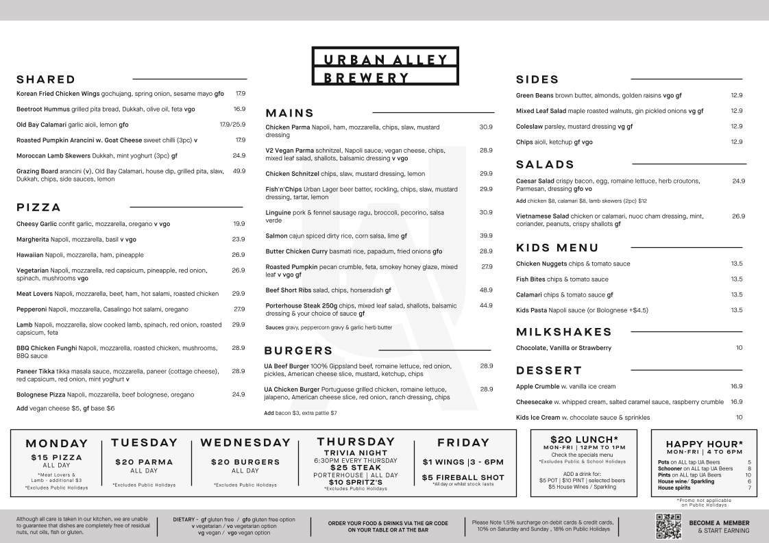 Menu, Urban Alley Brewery Knox