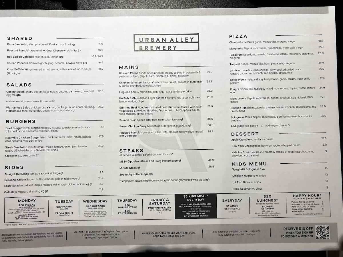 Menu, Urban Alley Brewery Knox