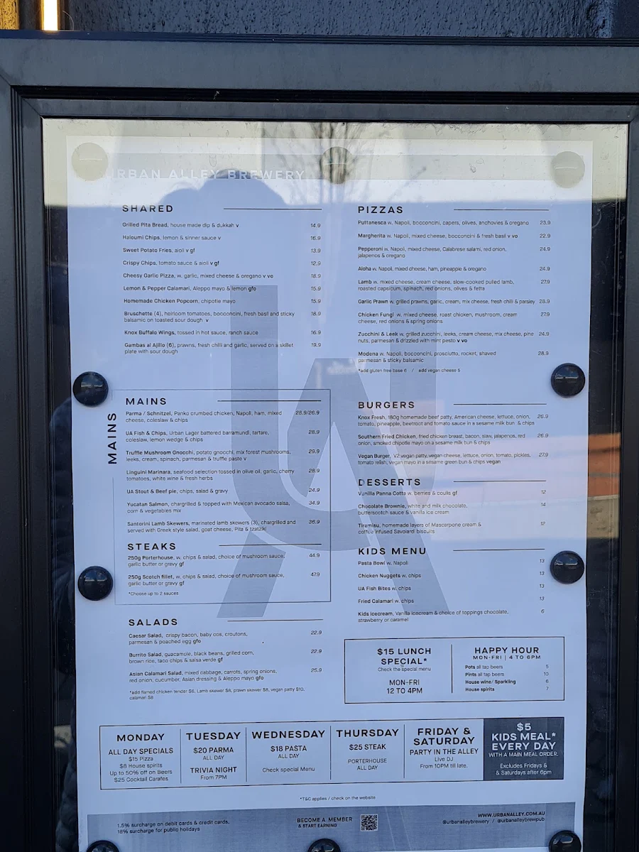 Menu, Urban Alley Brewery Knox