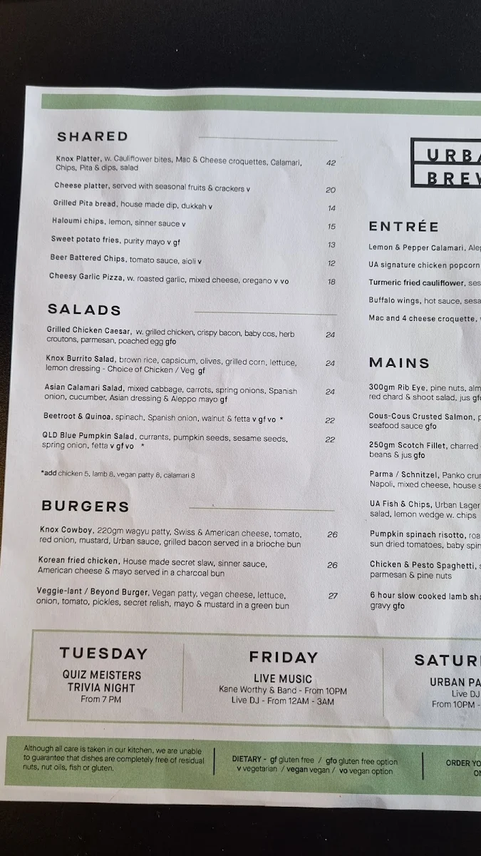 Menu, Urban Alley Brewery Knox