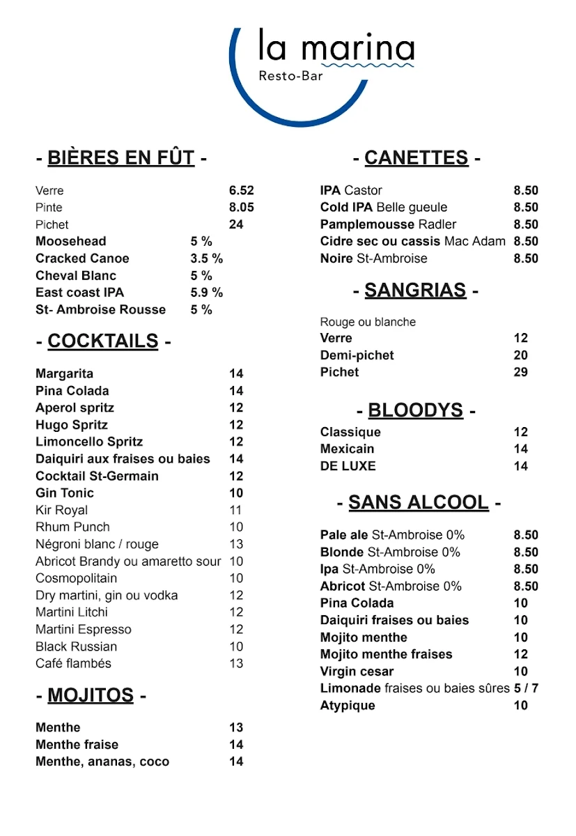 Menu, La Marina Resto Bar
