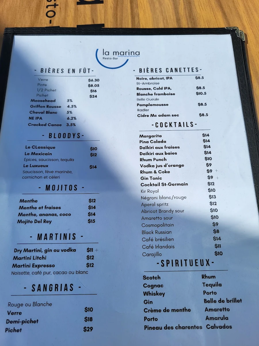 Menu, La Marina Resto Bar