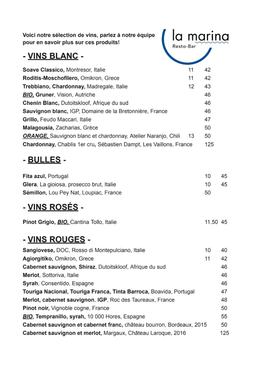 Menu, La Marina Resto Bar