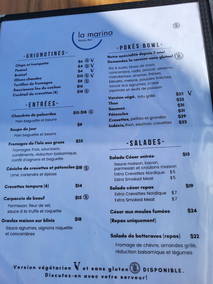 Menu, La Marina Resto Bar