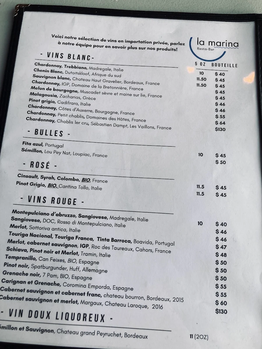 Menu, La Marina Resto Bar
