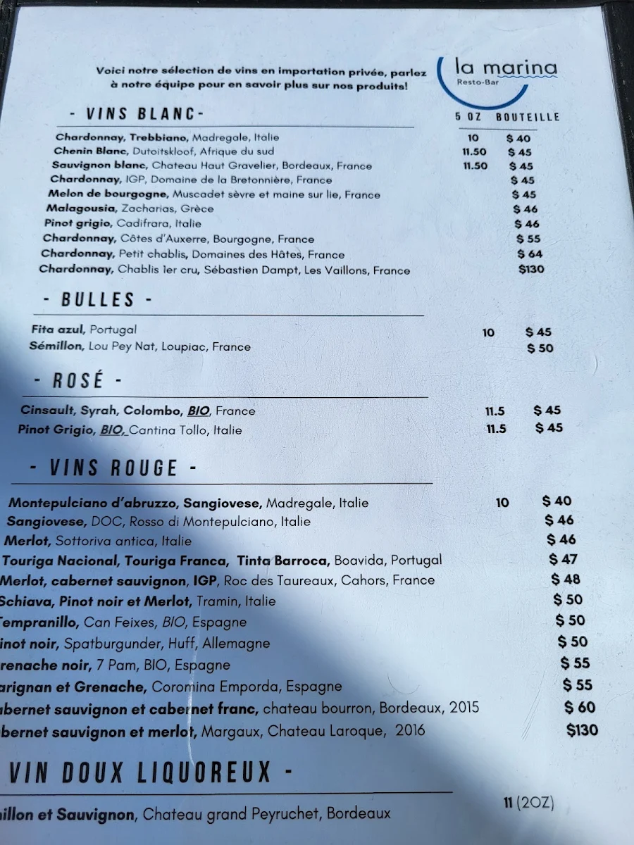 Menu, La Marina Resto Bar