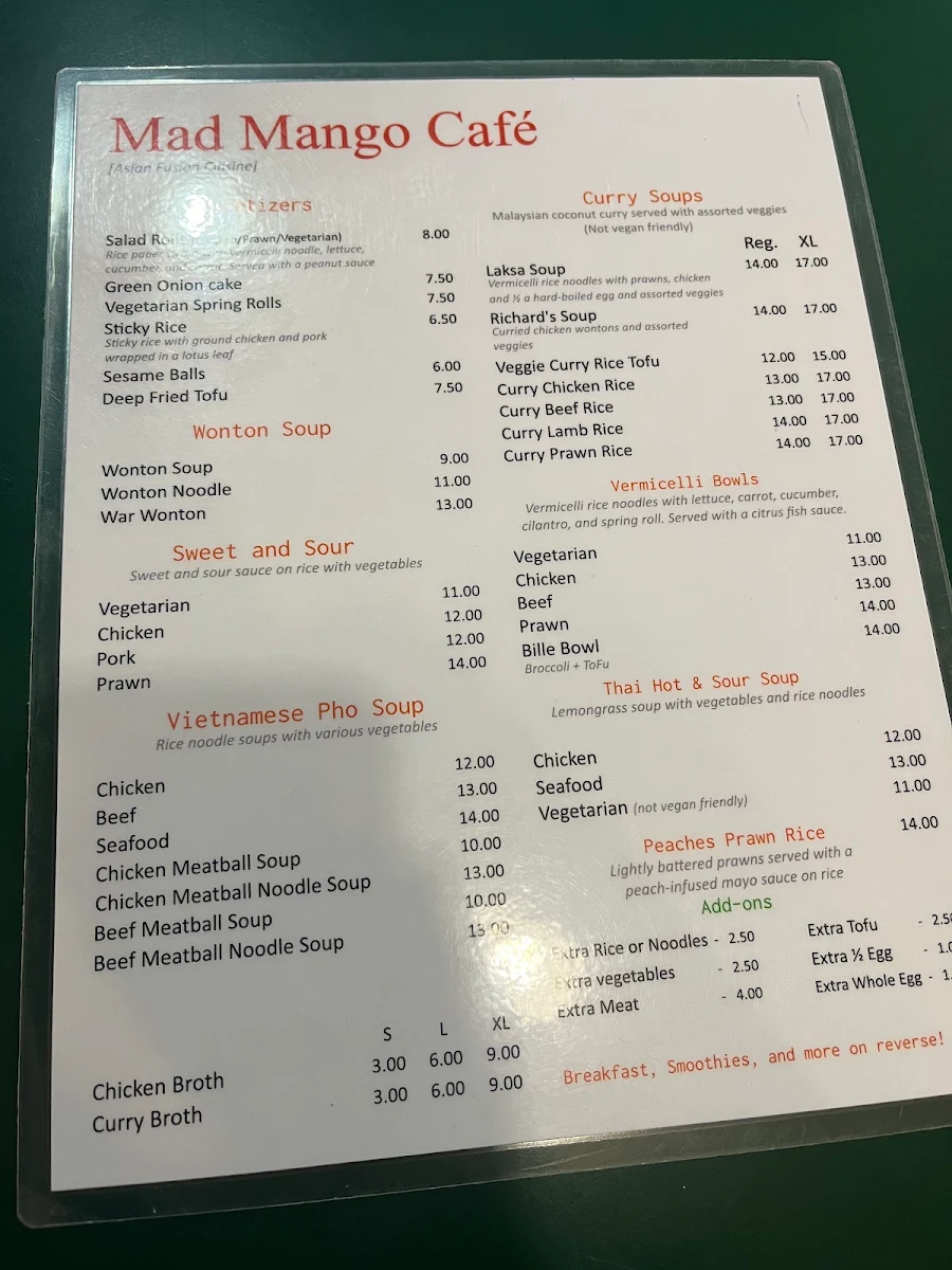 Menu, Mad Mango Cafe