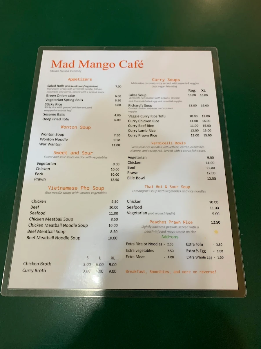 Menu, Mad Mango Cafe