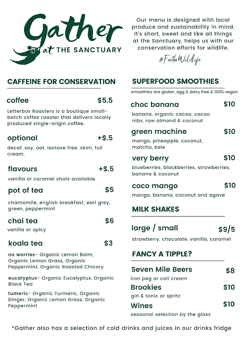 Menu, Gather at The Sanctuary Cafe
