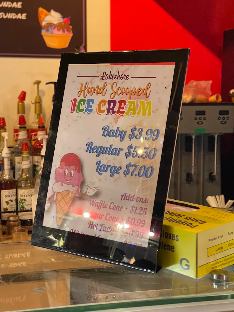 Menu, Lakeshore Ice cream cafe