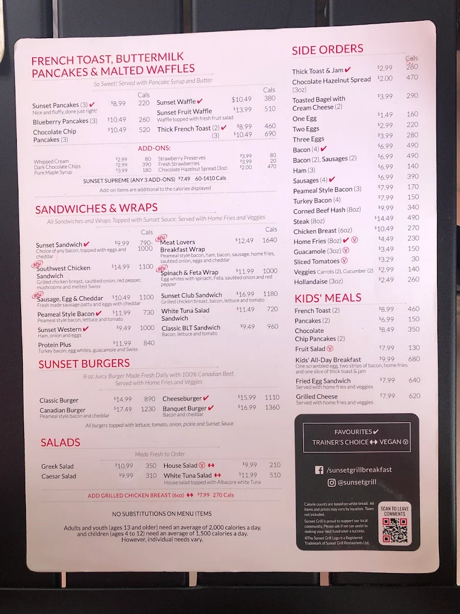 Menu, Sunset Grill