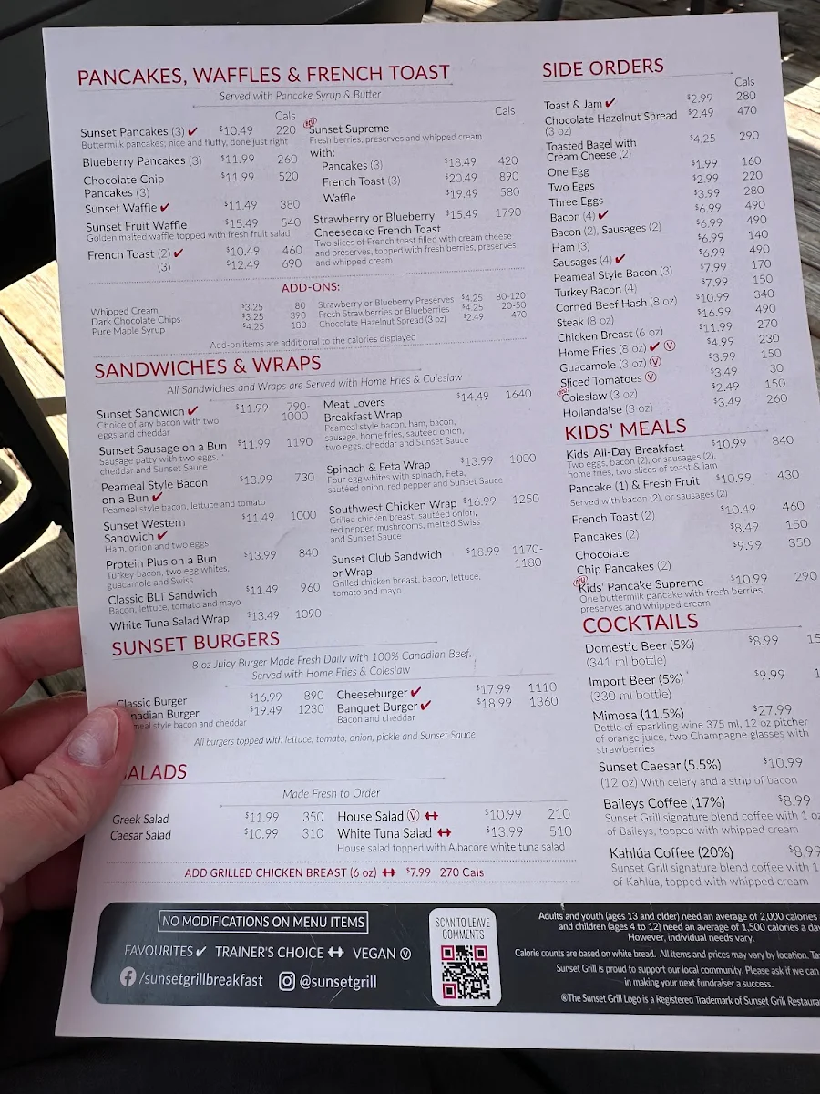 Menu, Sunset Grill