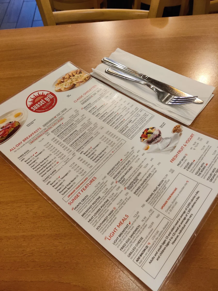 Menu, Sunset Grill