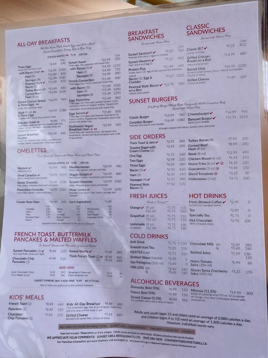 Menu, Sunset Grill