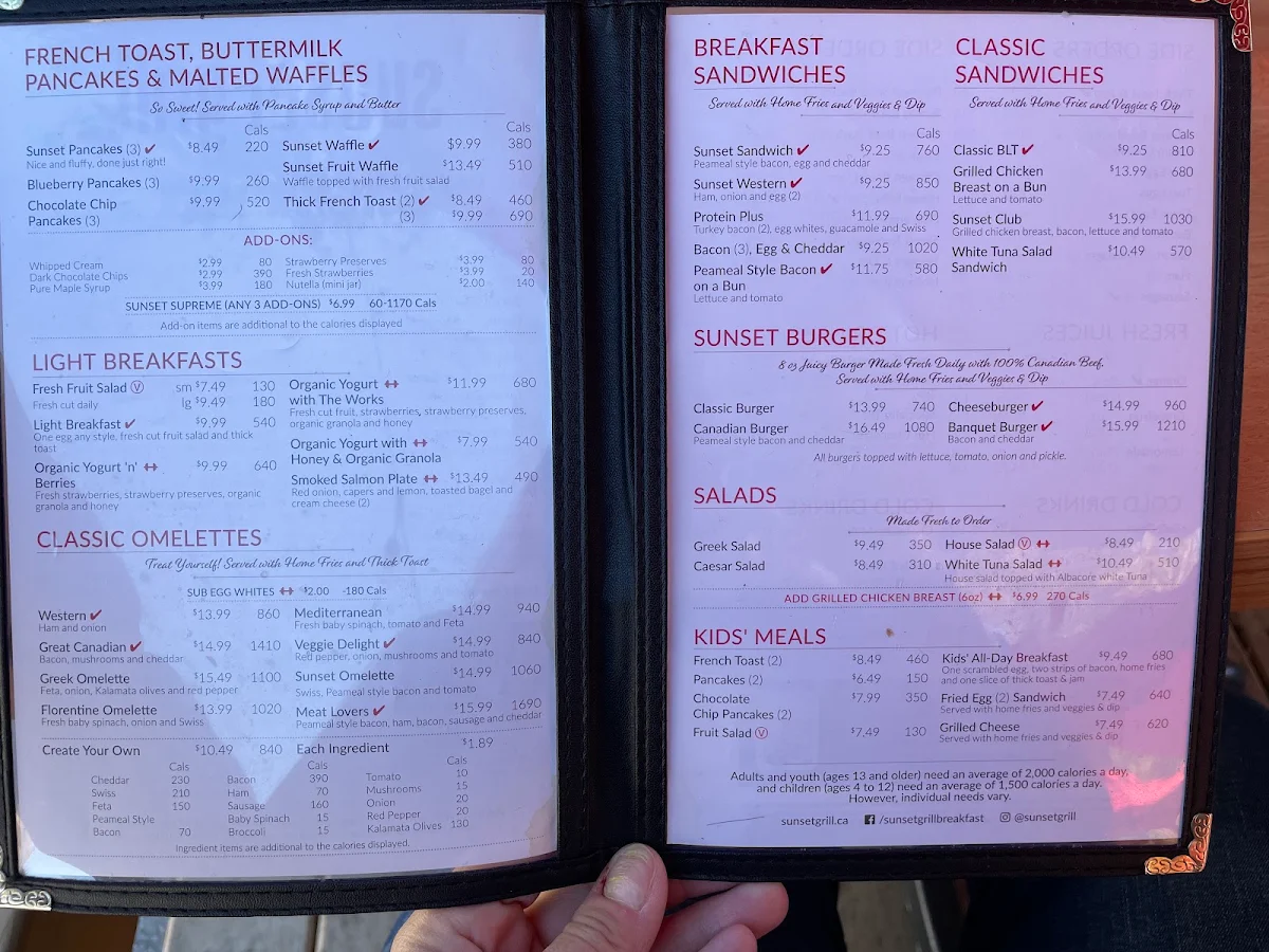 Menu, Sunset Grill