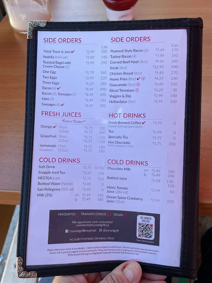 Menu, Sunset Grill