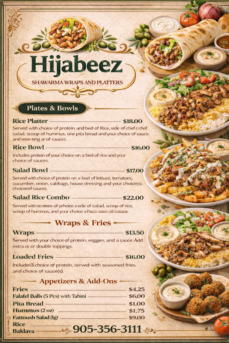 Menu, Hijabeez Shawarma Wraps & Platters.