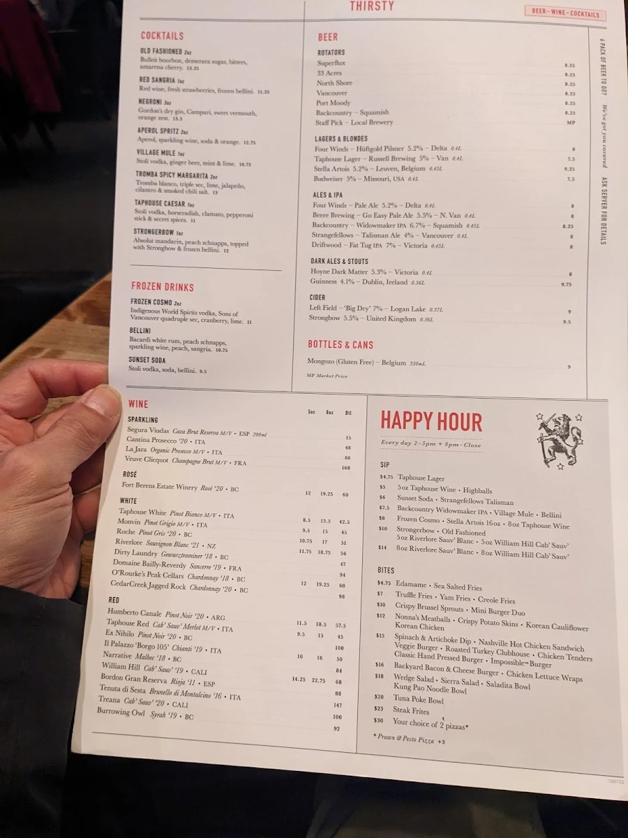 Menu, The Village Taphouse