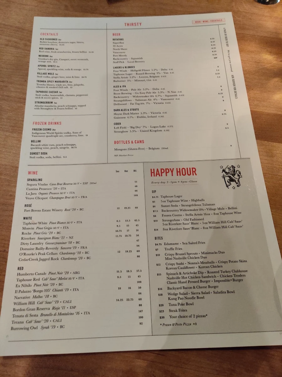 Menu, The Village Taphouse