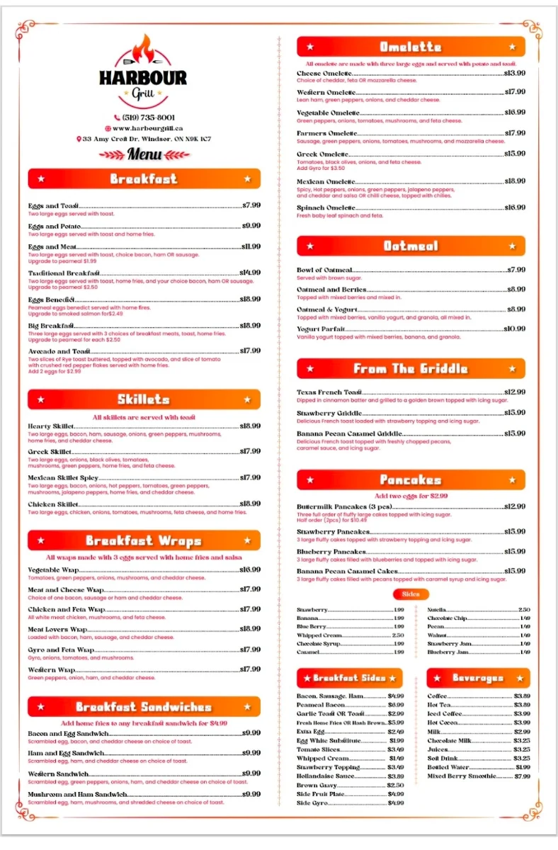 Menu, Harbour Grill