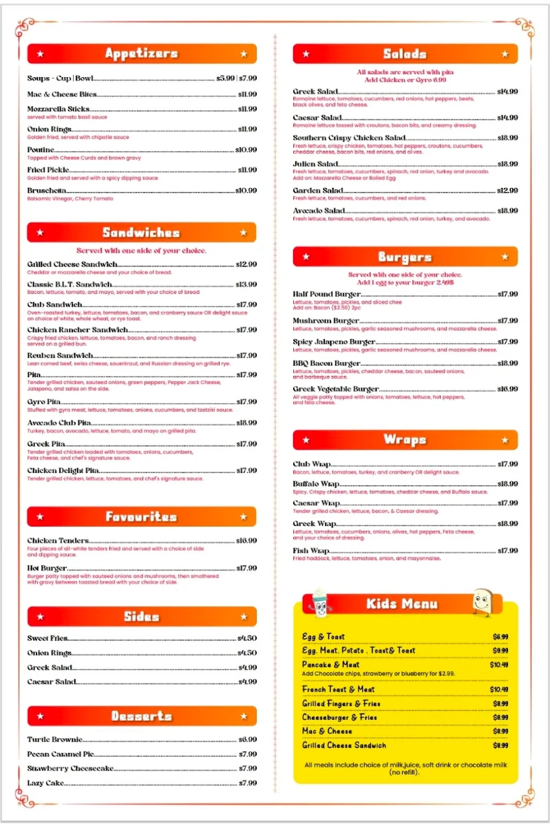 Menu, Harbour Grill