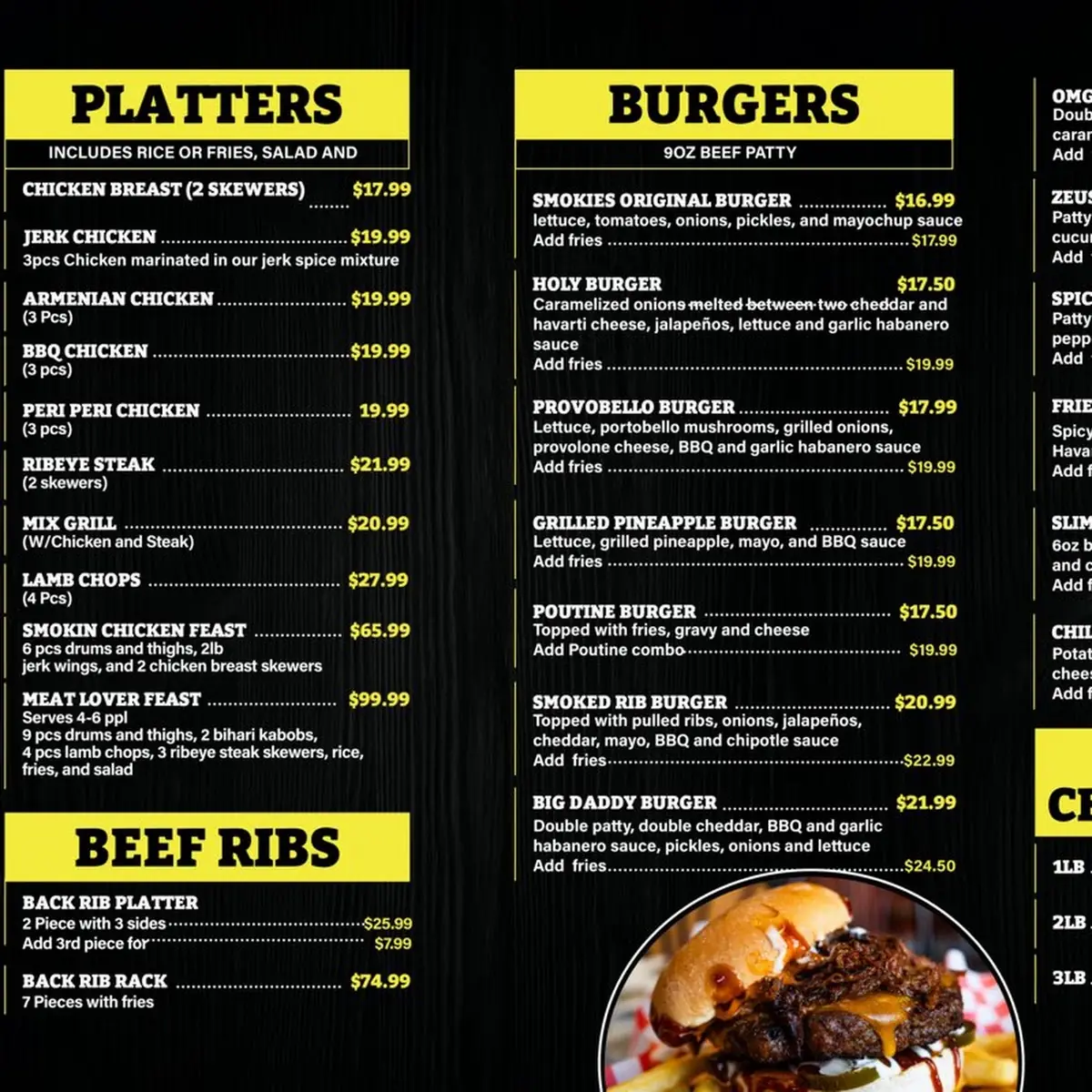 Menu, Smokies Burgers