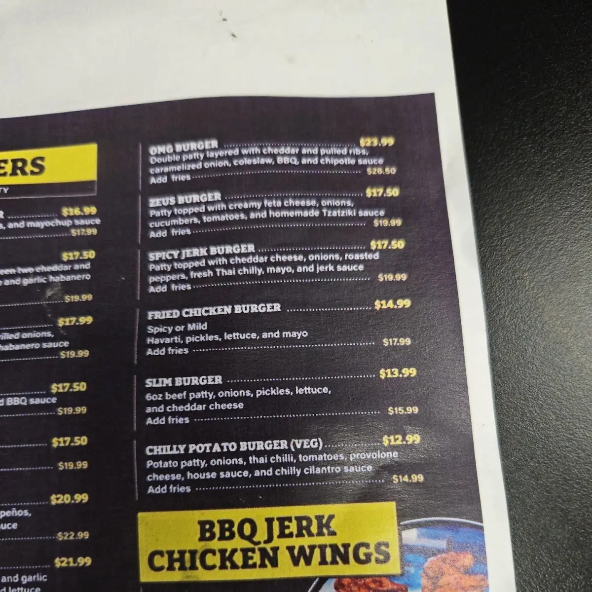 Menu, Smokies Burgers