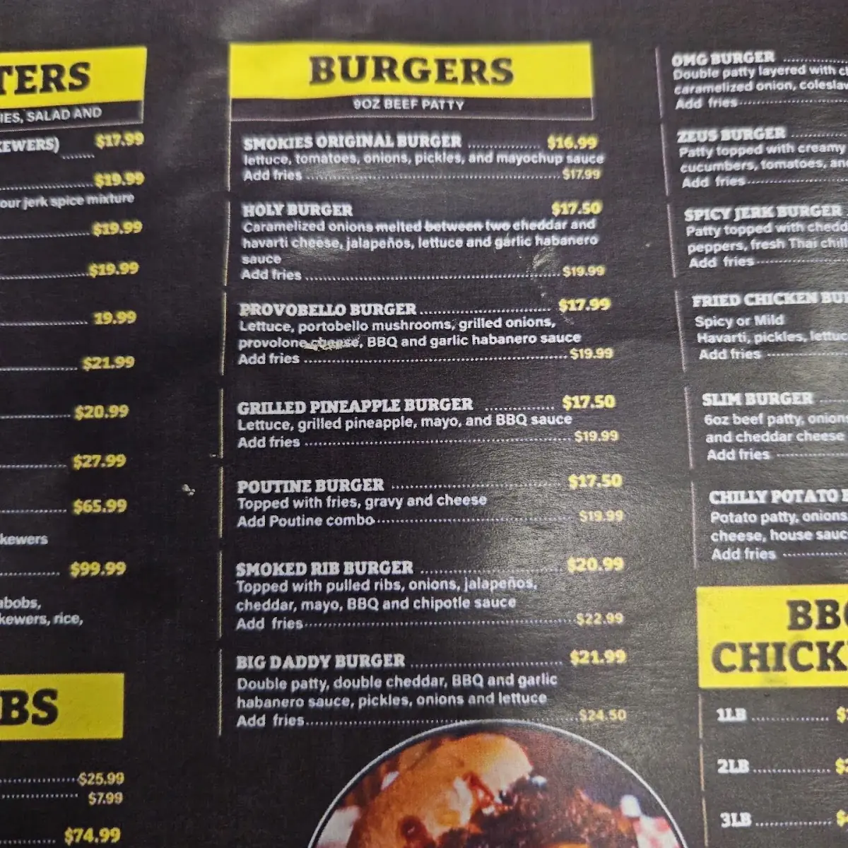 Menu, Smokies Burgers