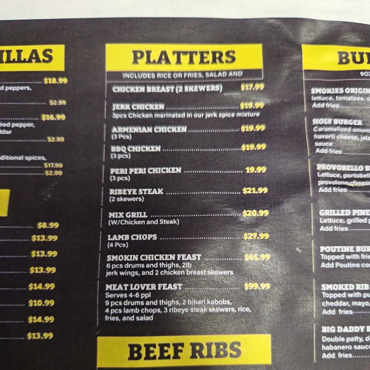 Menu, Smokies Burgers