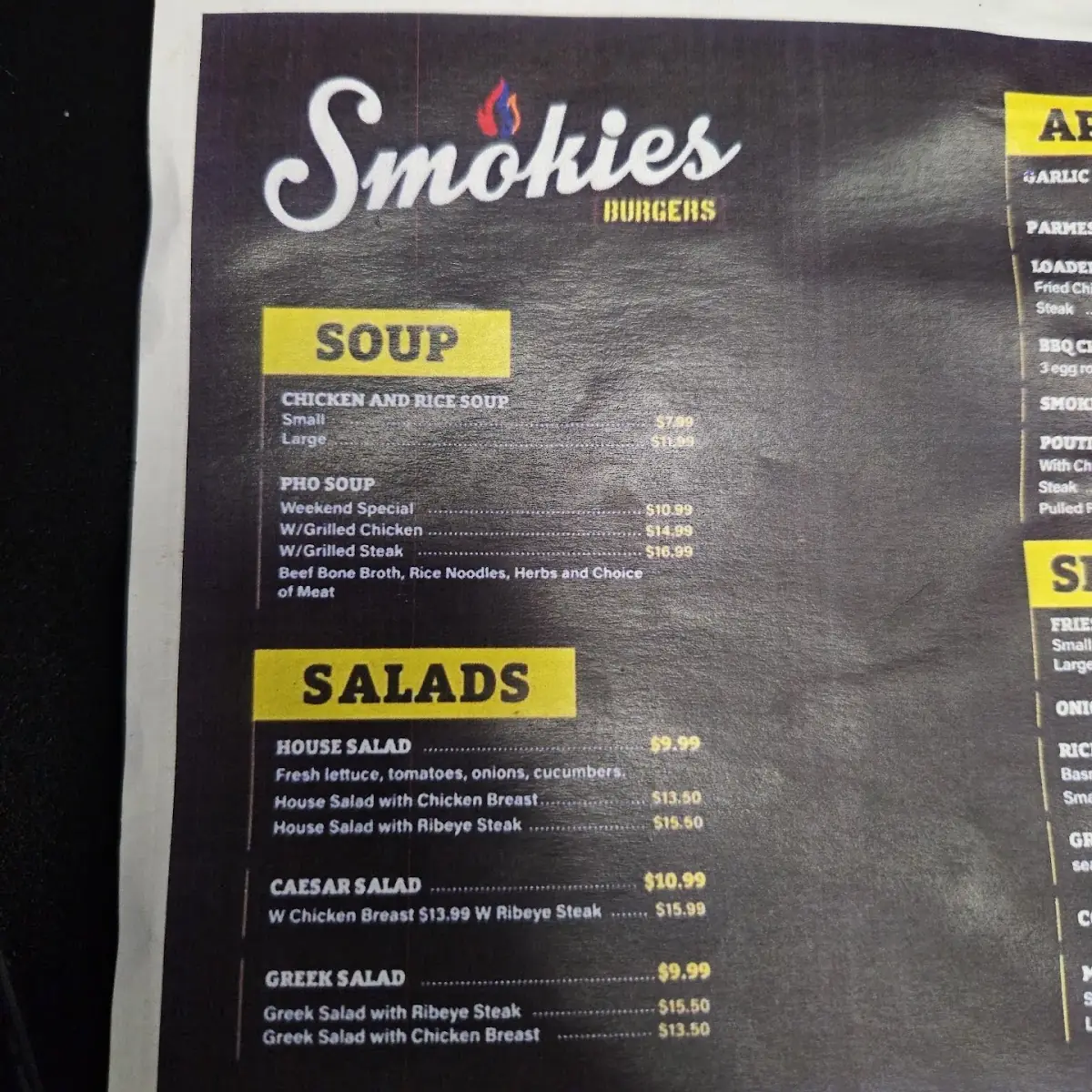 Menu, Smokies Burgers