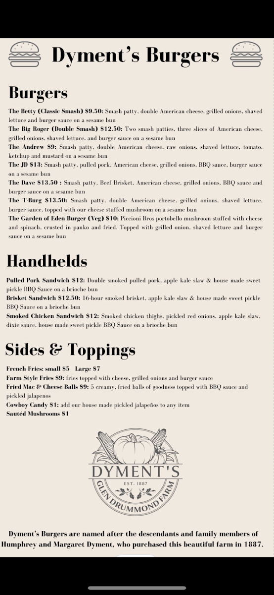 Menu, Dyment's Burgers
