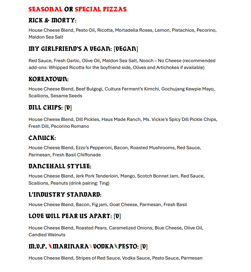 Menu, 75 Pies - Detroit Style Pizza