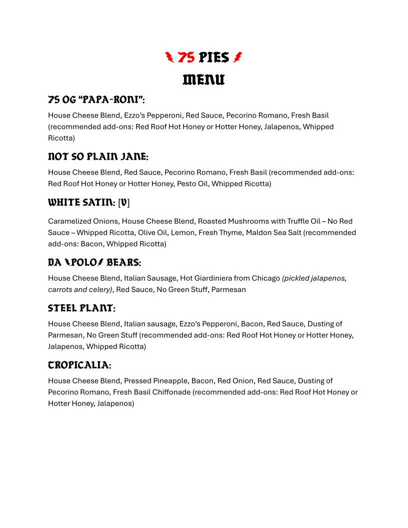 Menu, 75 Pies - Detroit Style Pizza