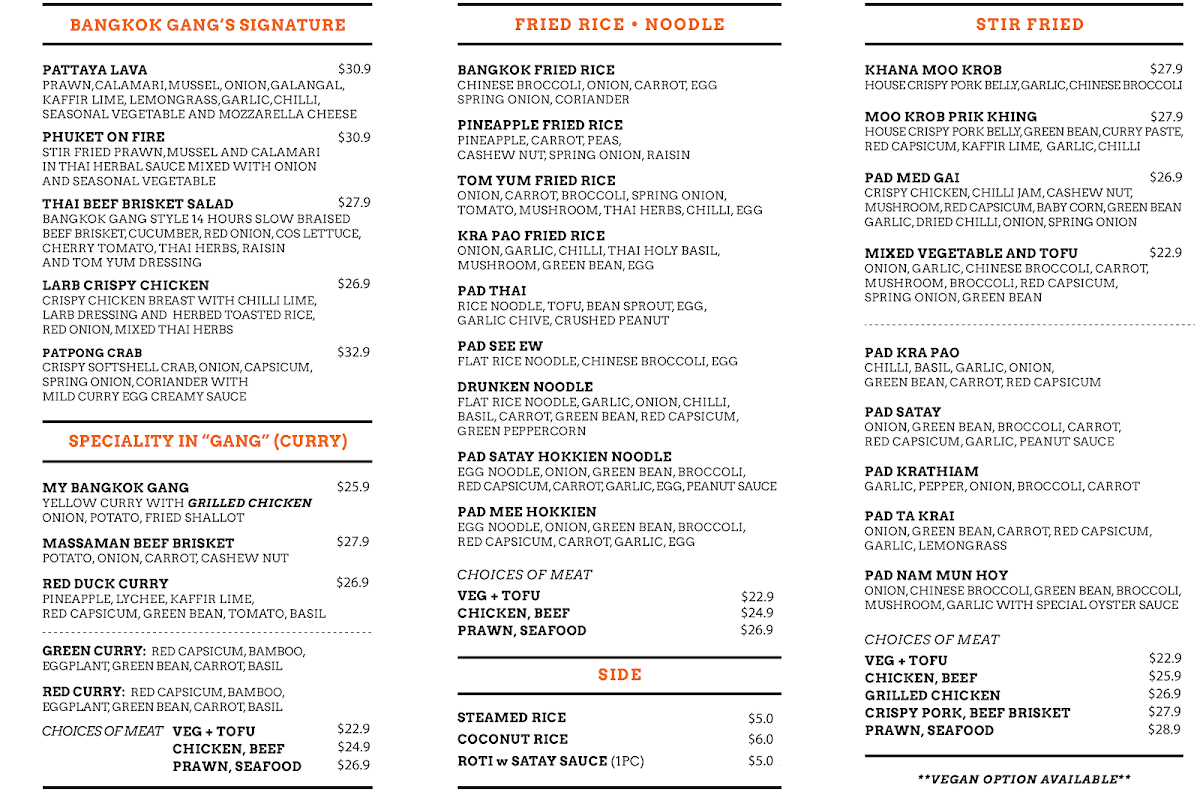 Menu, Bangkok Gang