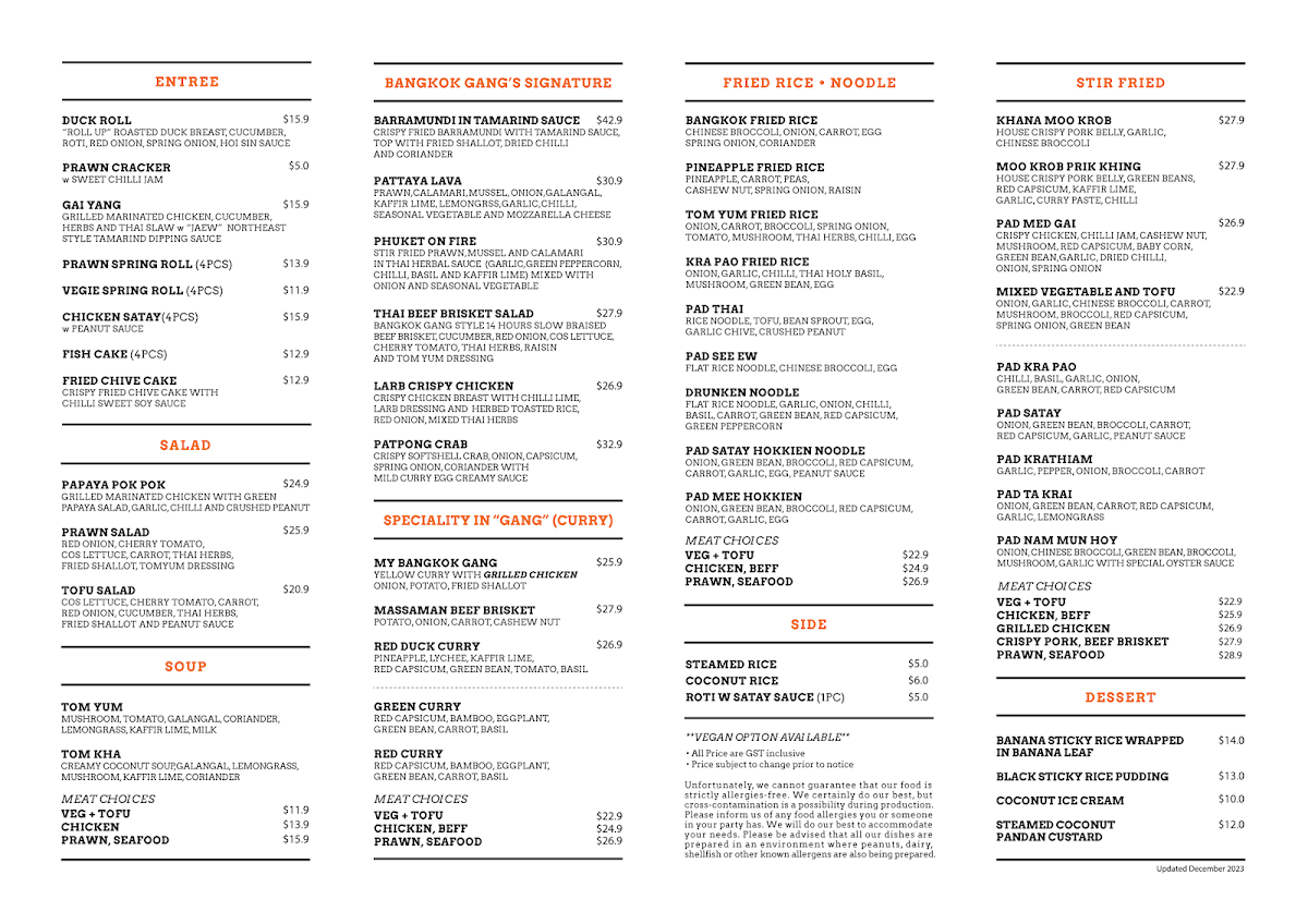 Menu, Bangkok Gang