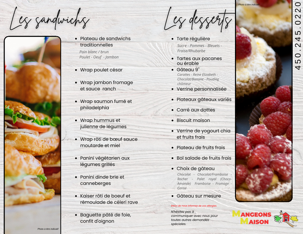 Menu, Mangeons Maison Plats Cuisinés-Comptoir-Traiteur