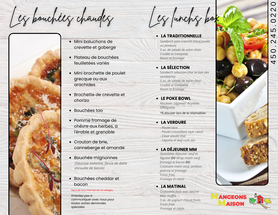 Menu, Mangeons Maison Plats Cuisinés-Comptoir-Traiteur