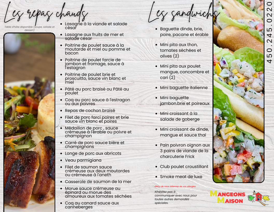 Menu, Mangeons Maison Plats Cuisinés-Comptoir-Traiteur