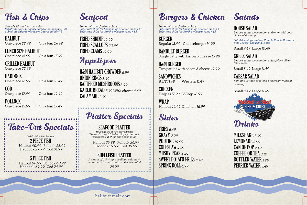 Menu, Halibut 'N' Malt Fish & Chips