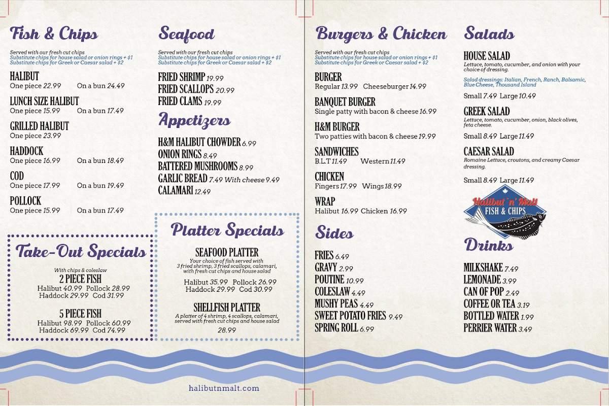 Menu, Halibut 'N' Malt Fish & Chips