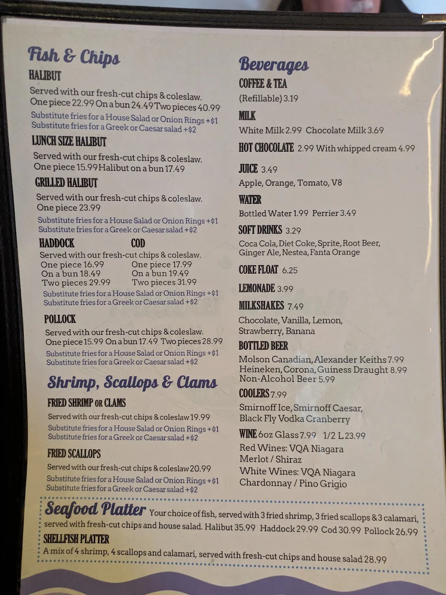 Menu, Halibut 'N' Malt Fish & Chips