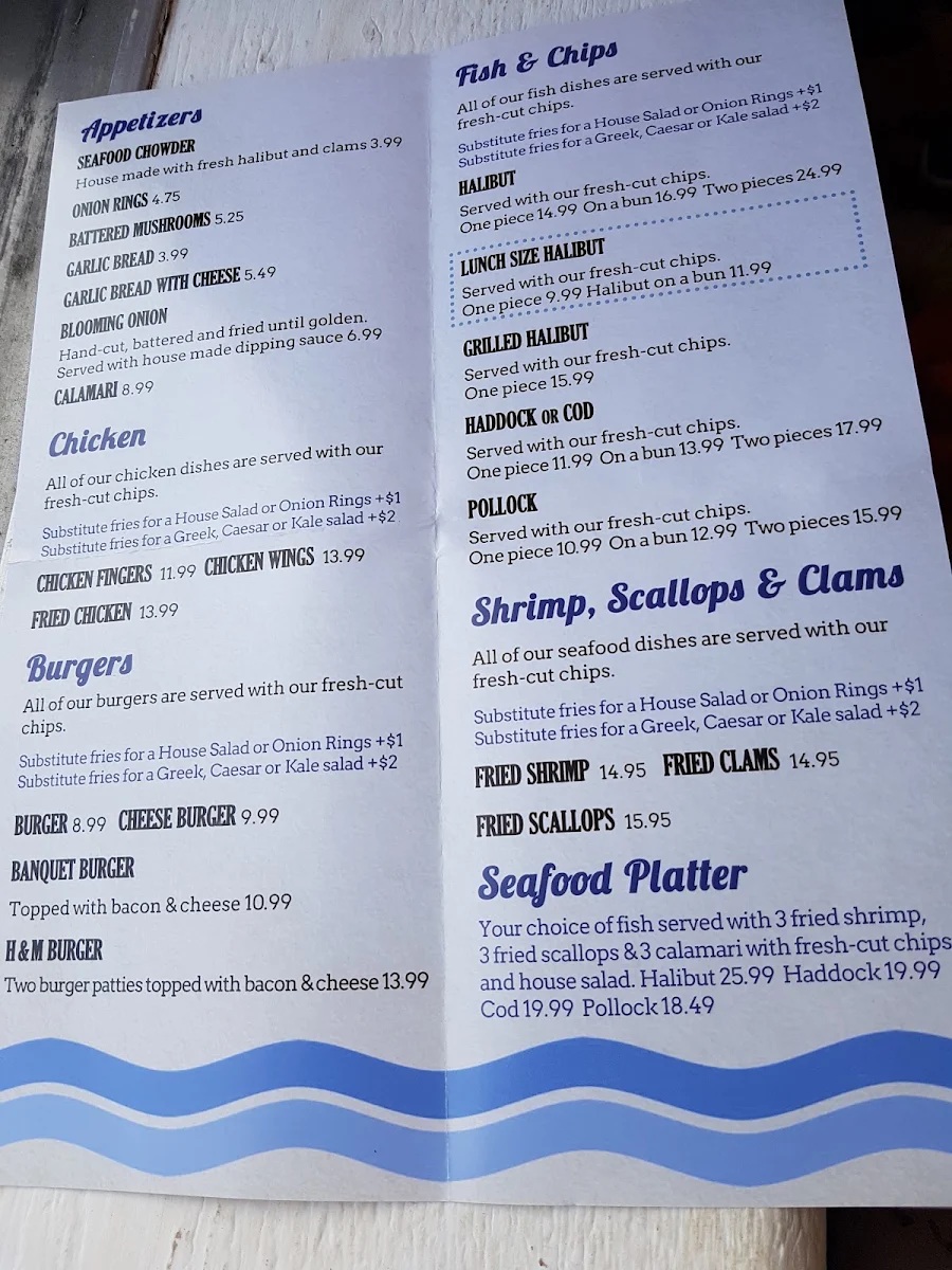 Menu, Halibut 'N' Malt Fish & Chips