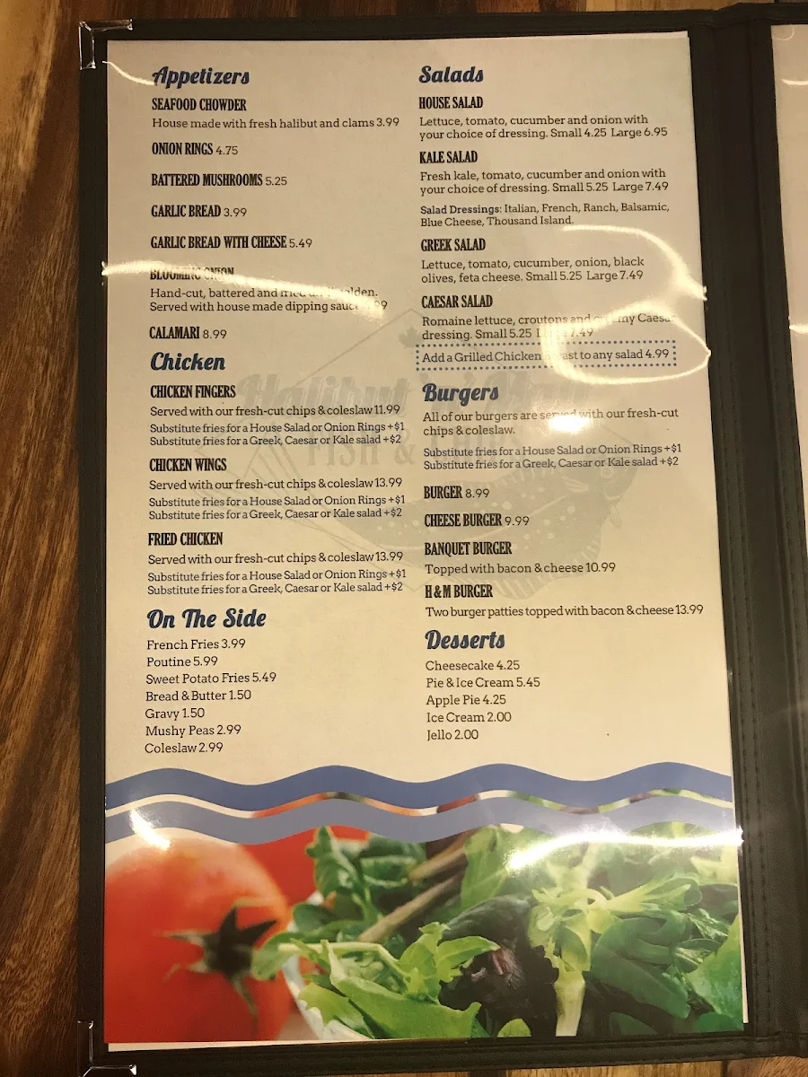 Menu, Halibut 'N' Malt Fish & Chips