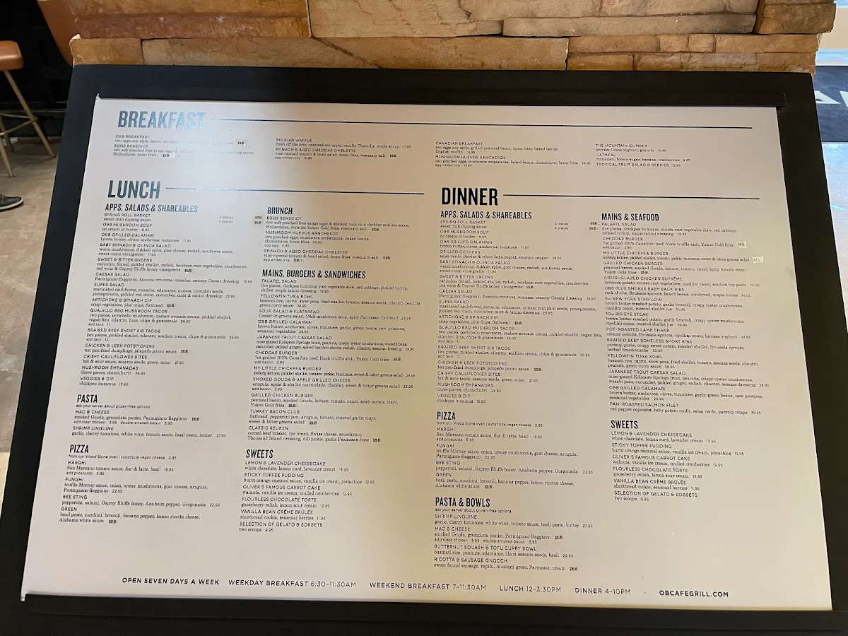 Menu, Oliver & Bonacini Café Grill, Blue Mountain